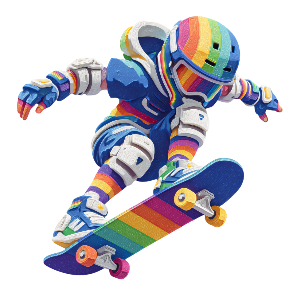 Colorful Child Skating on Rainbow Skateboard with Protective Gear png