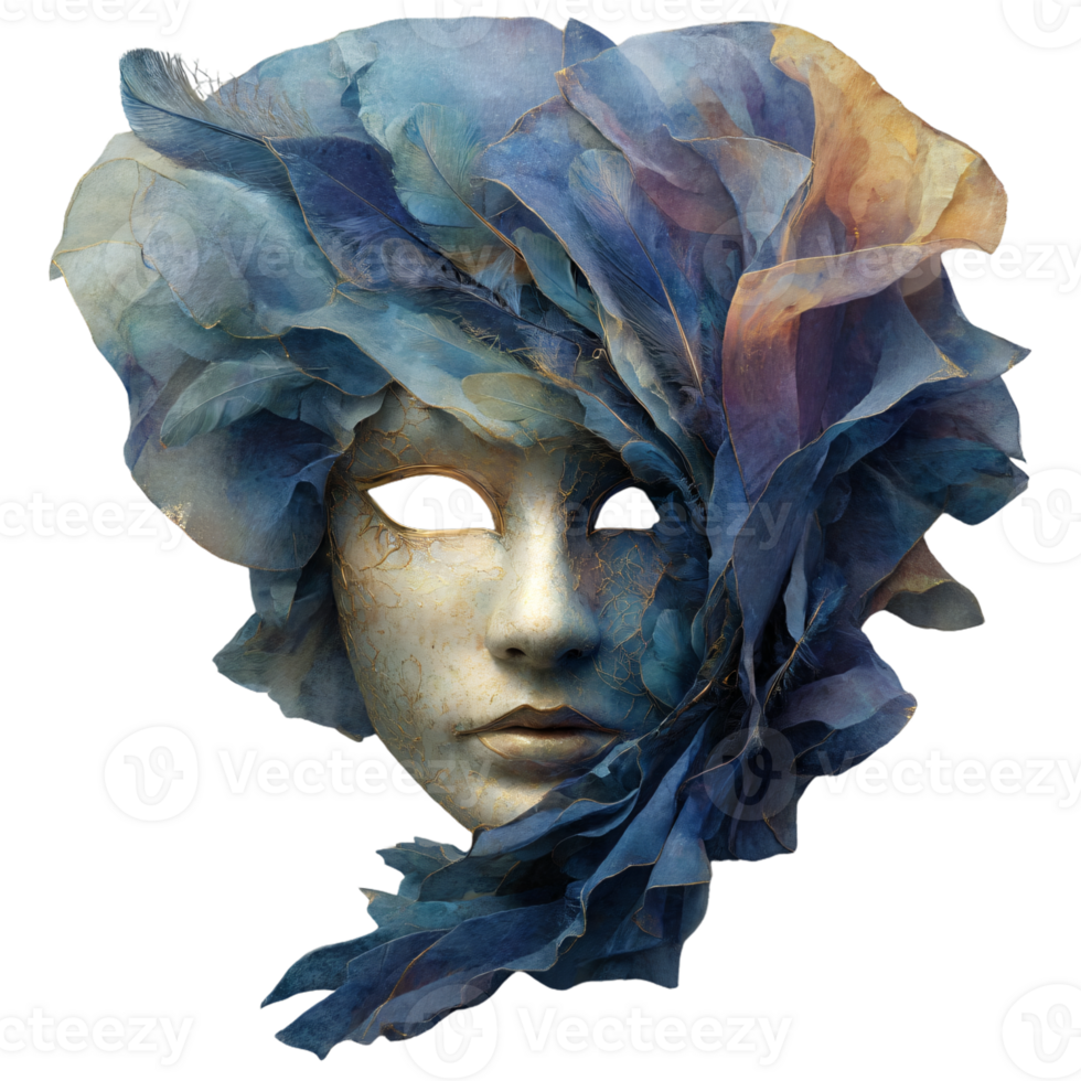 Ethereal Mask with Blue and Orange Floral Composition Art Design png
