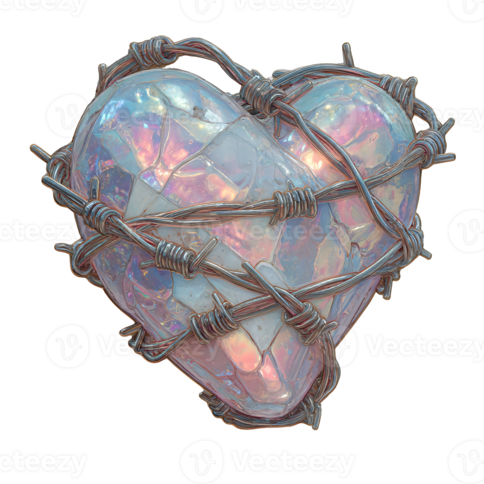 Shimmering Heart Encased in Barbed Wire with Colorful Reflections png
