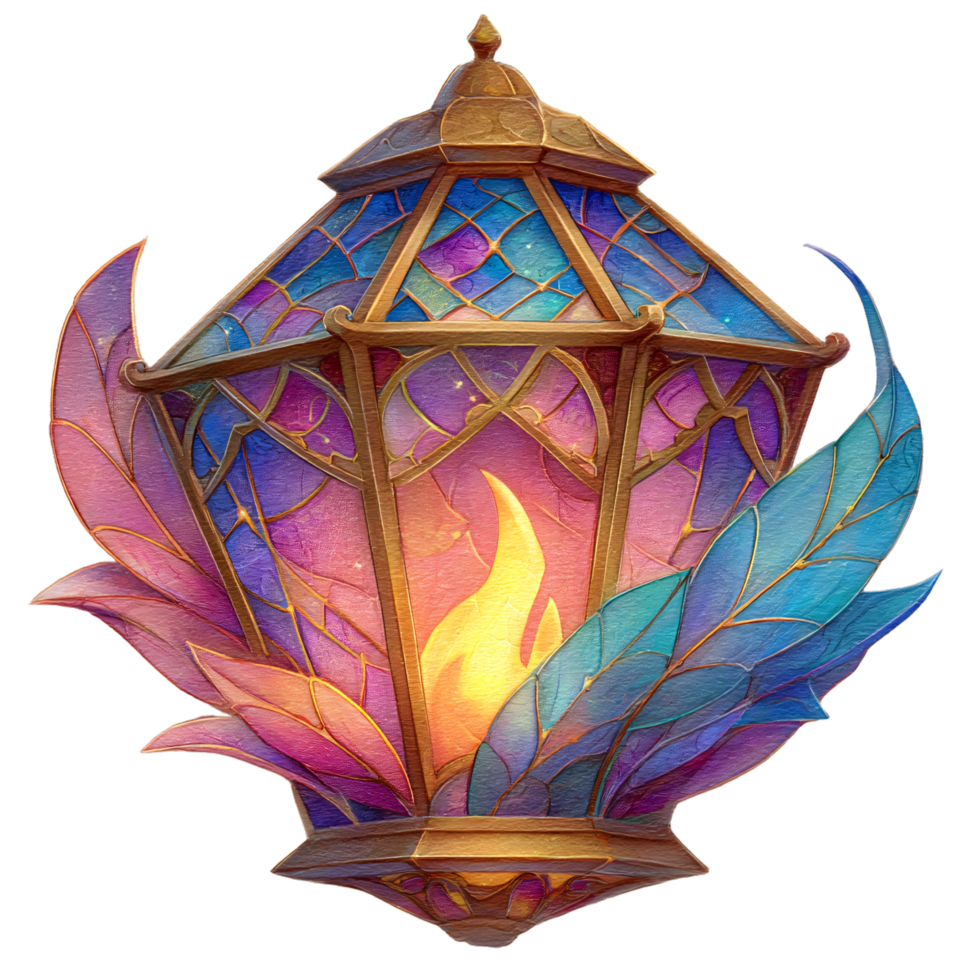 Magical Lantern with Colorful Leaves and Ethereal Glow Effect png