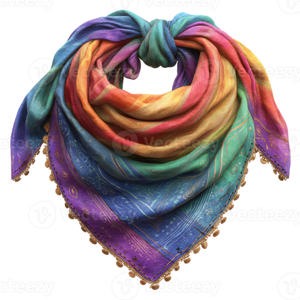 Colorful Silk Scarf with Vibrant Hues and Decorative Edging png