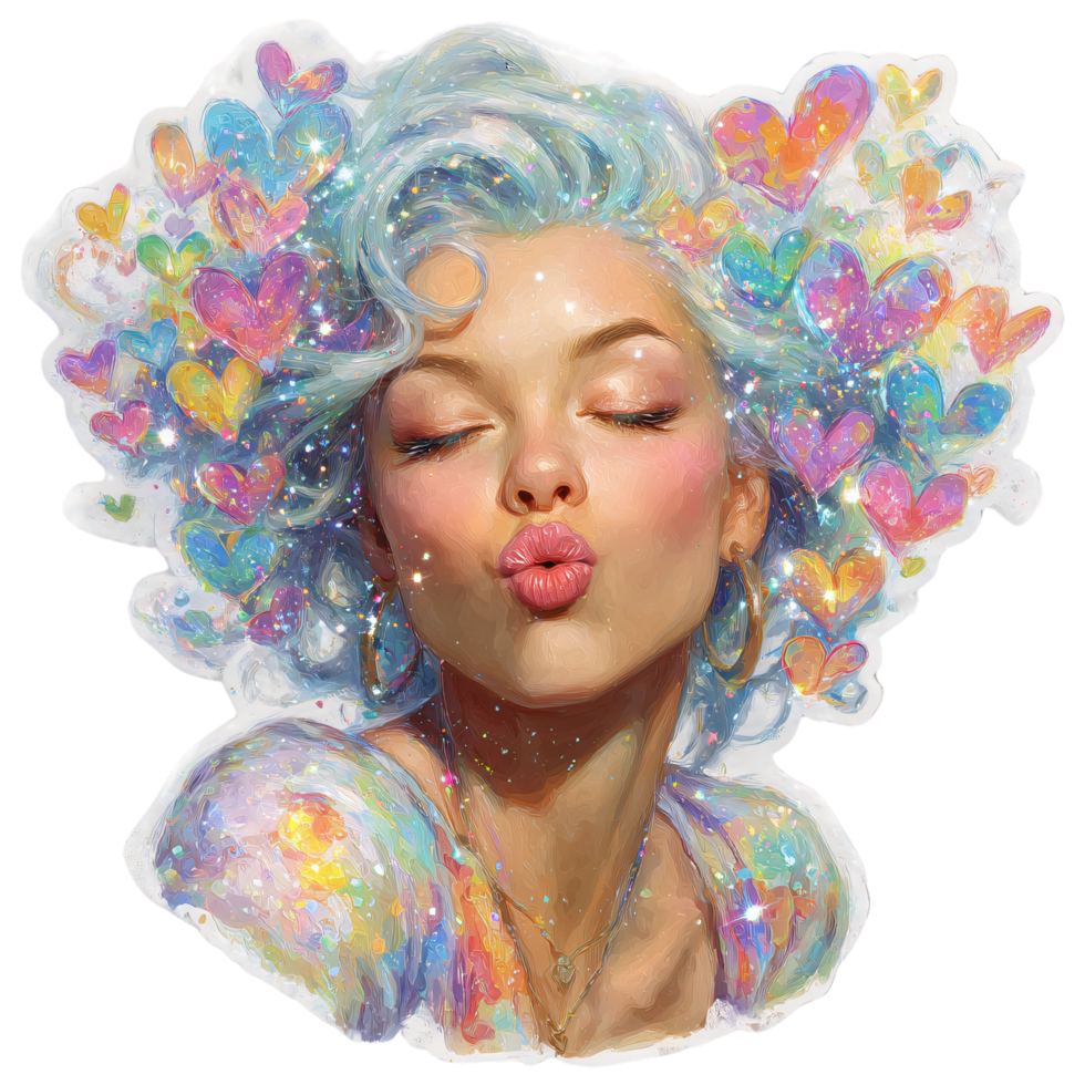 Woman with Colorful Hair and Heart Shapes in Artistic Portrait png