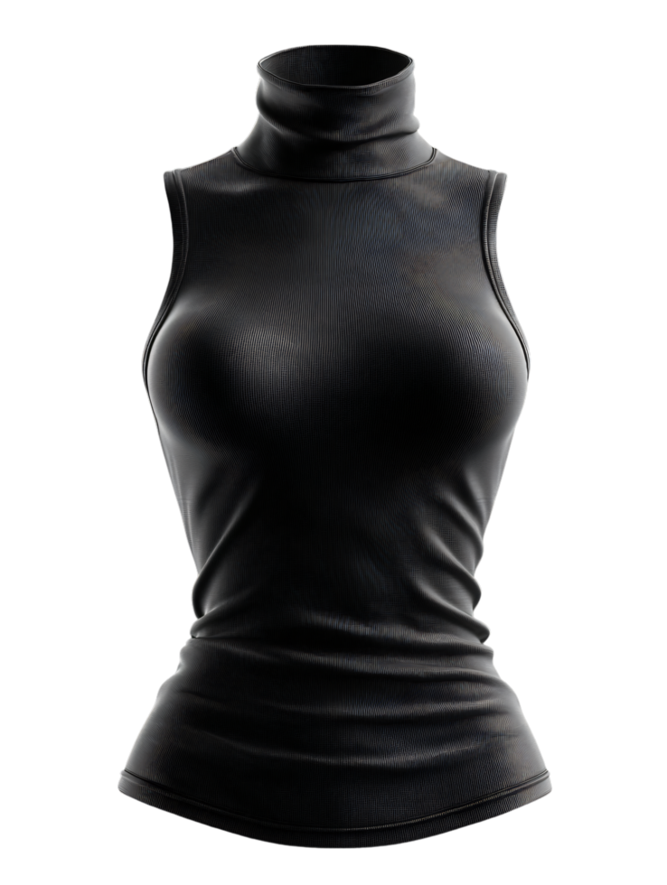 Elegant Black Mock Neck Sleeveless Top on a Tailored Female Form png