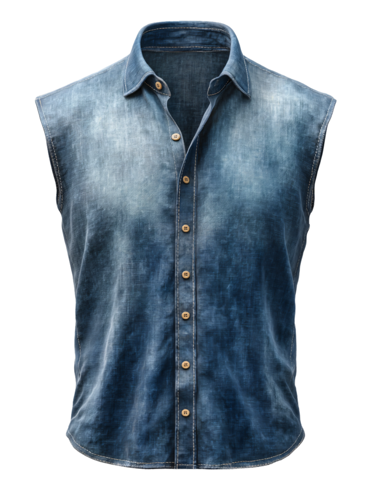 Blue Denim Sleeveless Shirt with Button Closure and Gradual Fade Effect png
