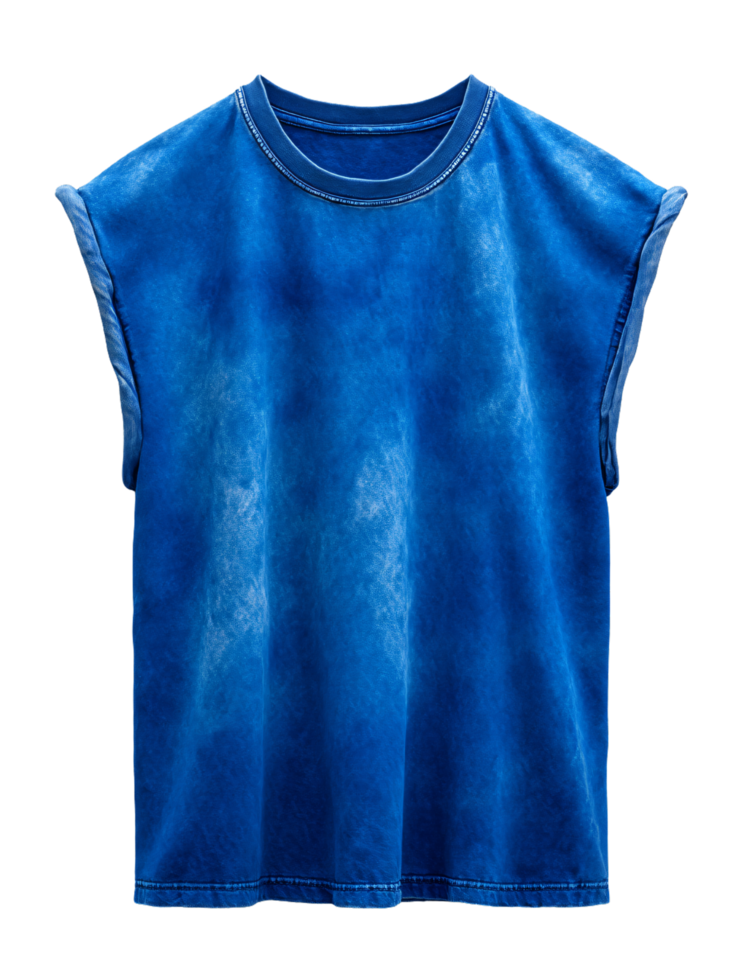 Stylish Sporty Blue Sleeveless T-Shirt with Vintage Wash Effect png