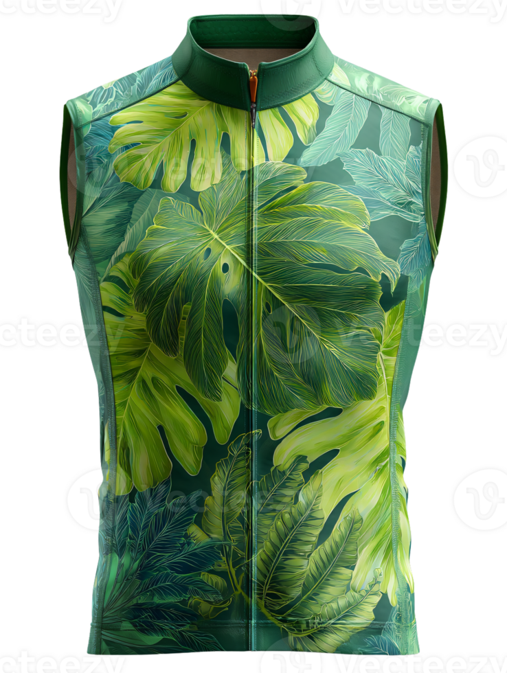 Stylish Sleeveless Cycling Jersey with Green Leaf Print Design png