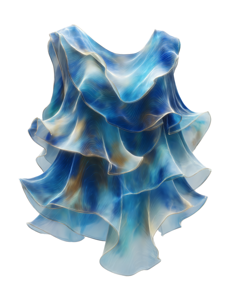 Elegant flowing dress with blue and turquoise wave pattern design png