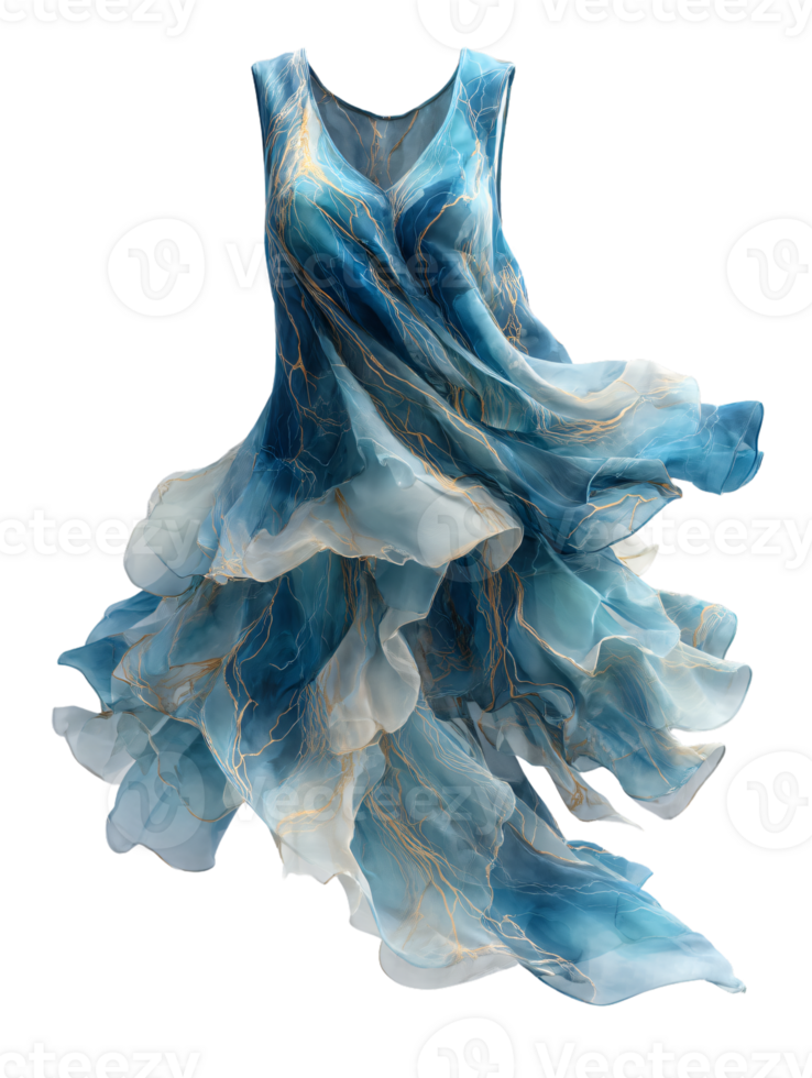 Elegant Flowing Blue Dress with Abstract Wave Patterns png