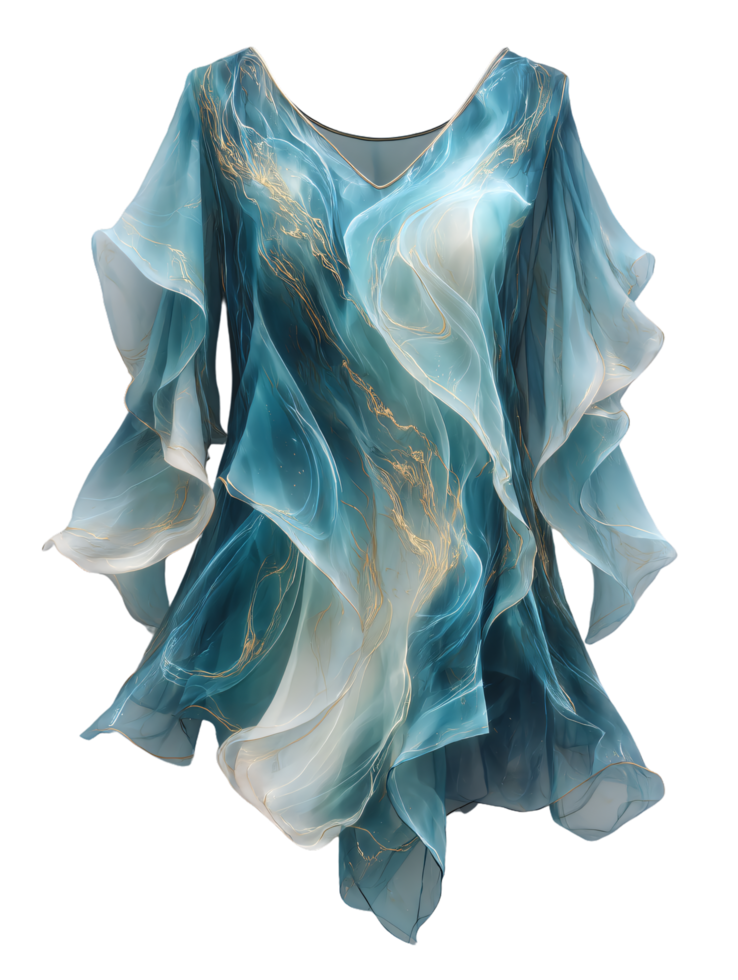 Elegant Flowing Dress with Abstract Blue and Gold Design png