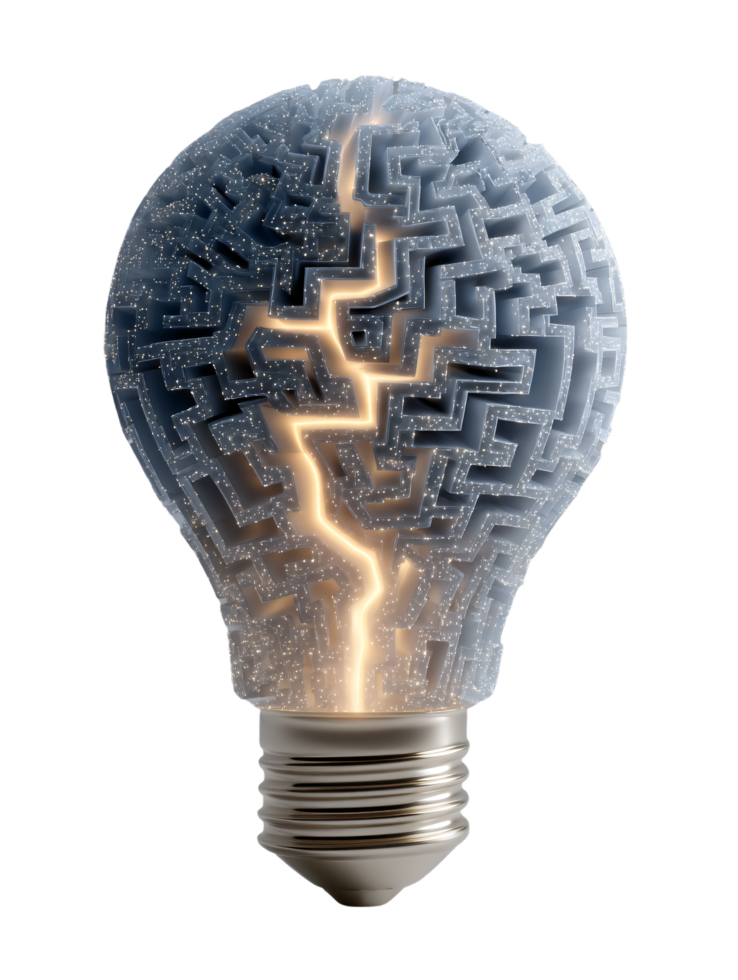 Creative Light Bulb with Intricate Maze Design and Electric Glow png