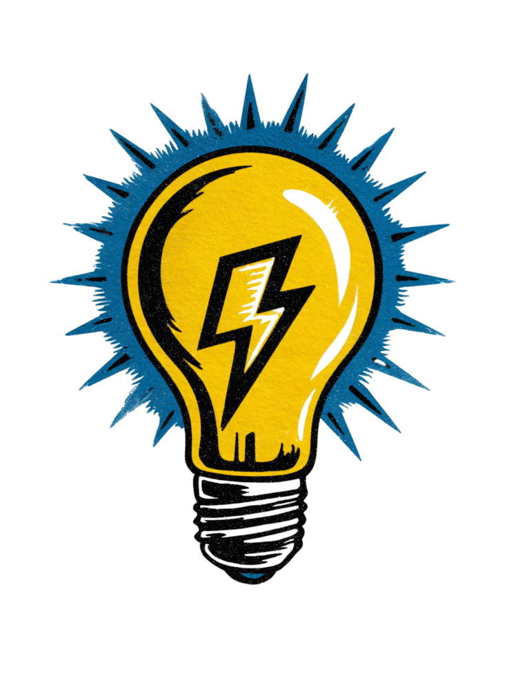 Bright Light Bulb with Lightning Bolt and Colorful Rays Design png
