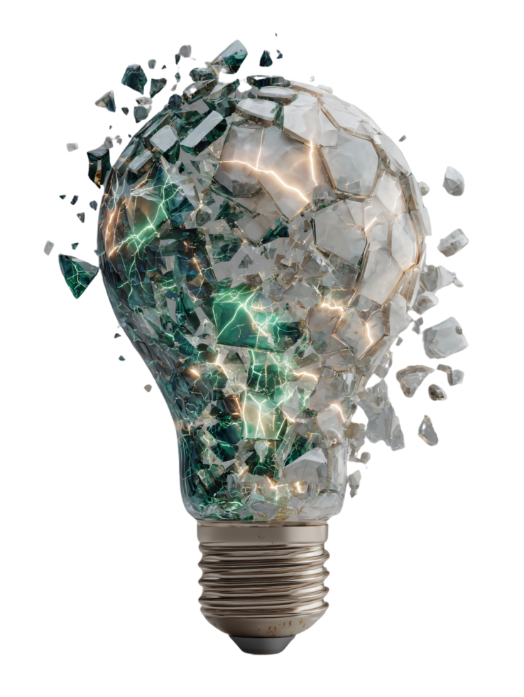 Shattered Light Bulb with Shards and Sparkles in Dramatic Design png