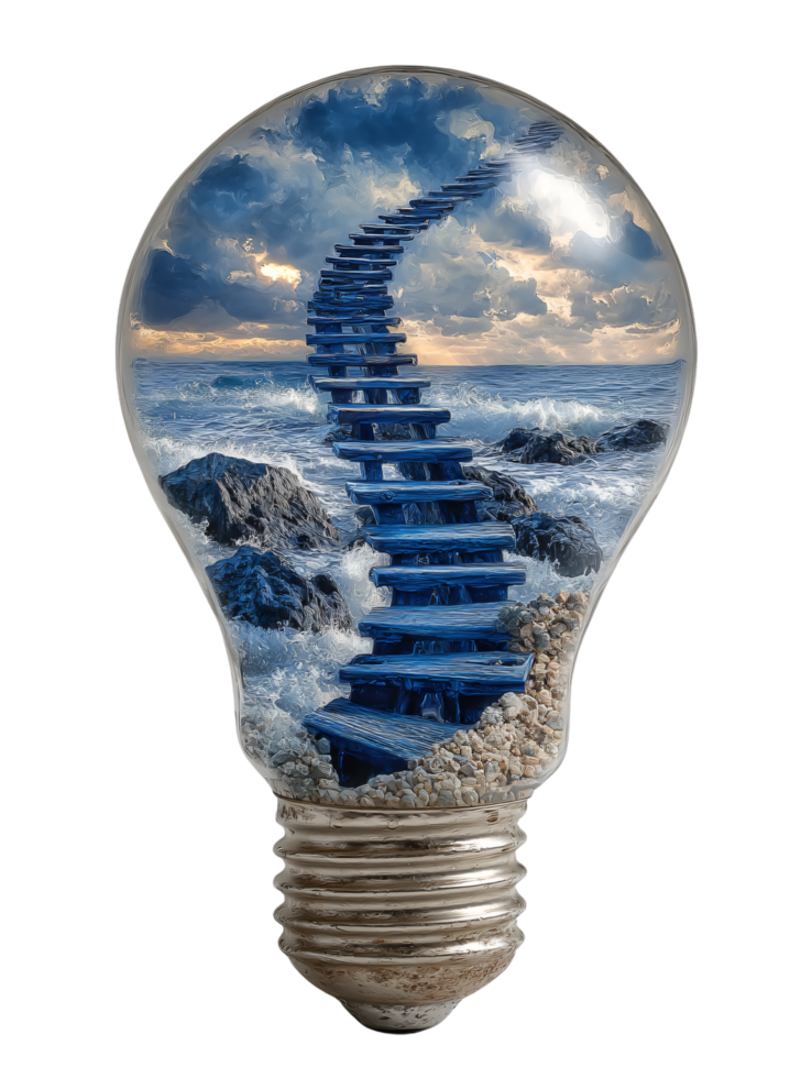 Surreal Light Bulb with Ocean Staircase and Dramatic Sky png