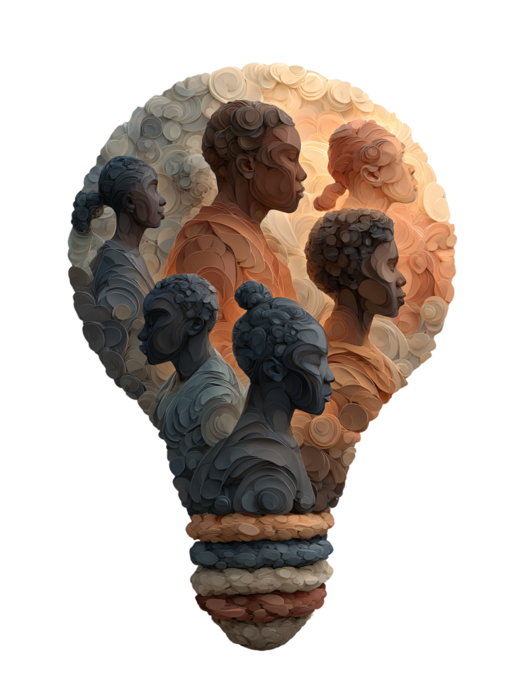 Artistic Representation of Diverse Figures in a Lightbulb Shape png