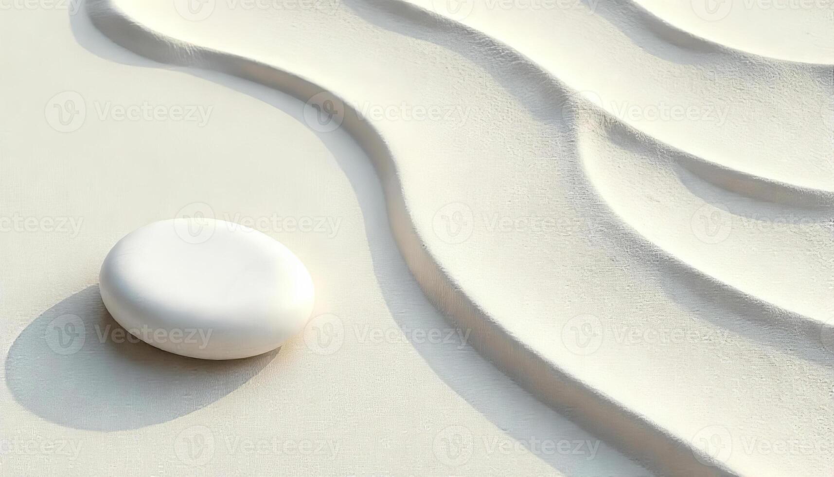 A white stone on a white sand with wave forms, minimalist, zen garden, top view, soft shadows, studio lighting photo