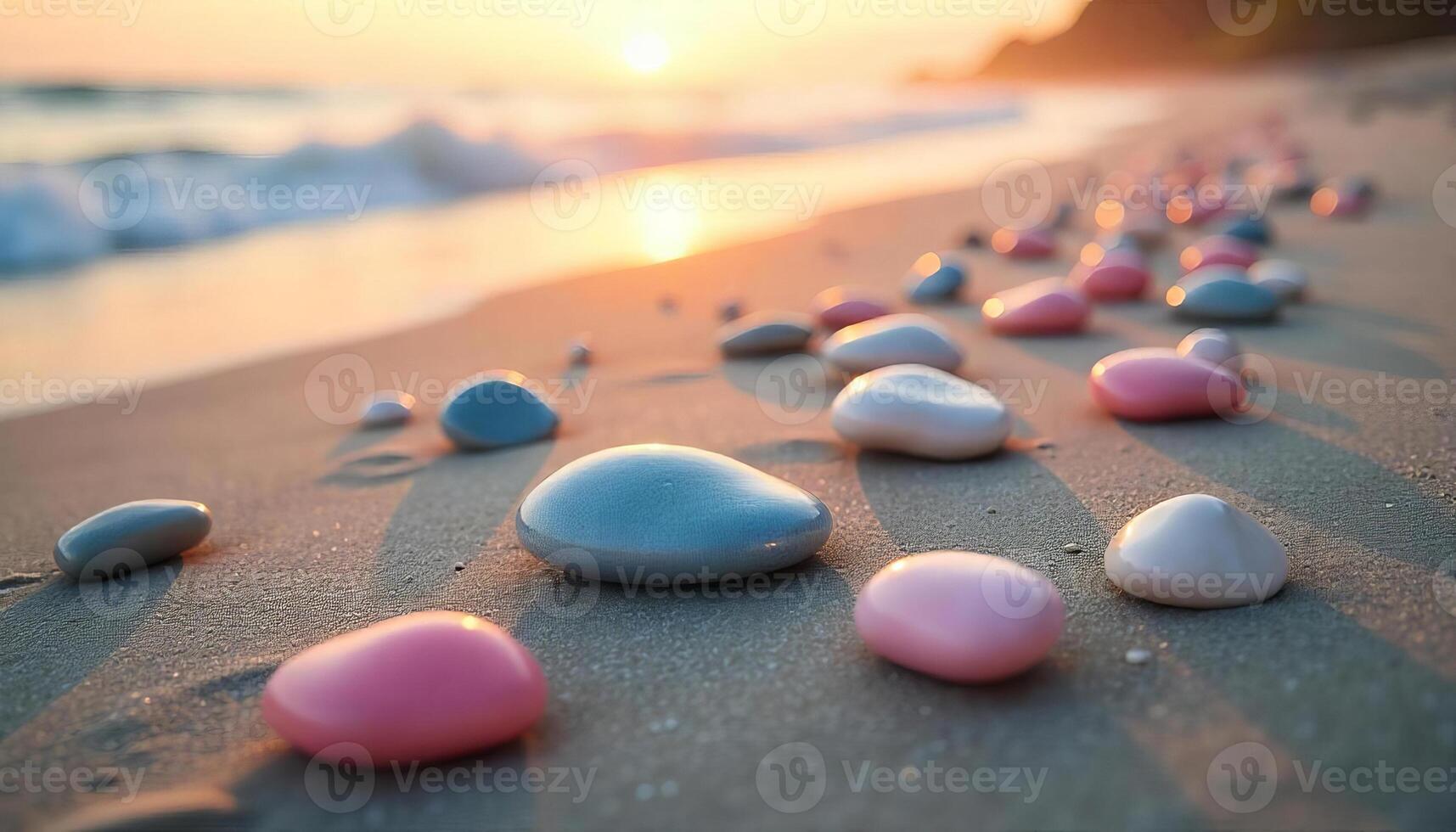 Colorful pebbles scattered on a sandy beach, with the sun setting over the ocean in the background, creating a warm and inviting atmosphere photo