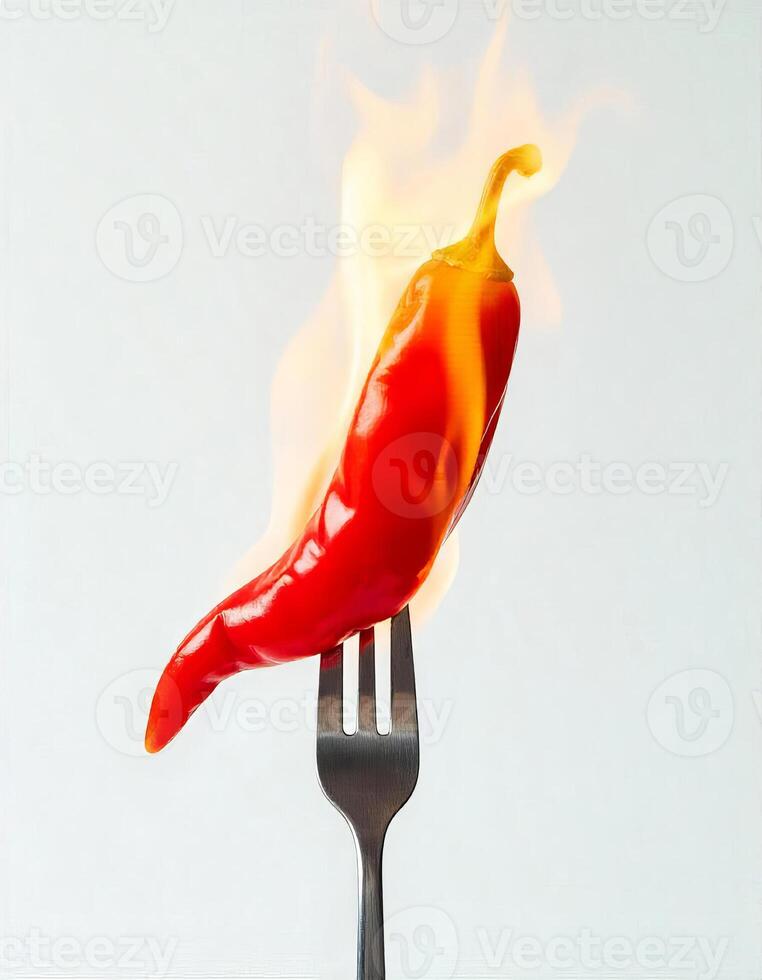 A red chili pepper on a fork with flames coming out of it in a white background photo