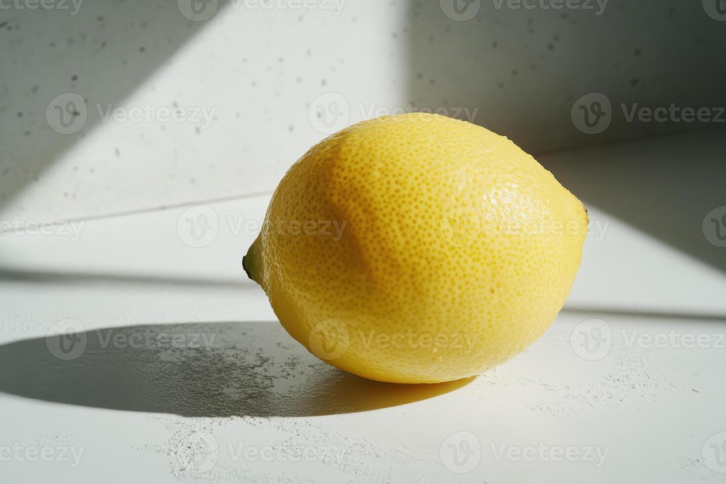 Lemon resting on a white surface illuminated by soft sunlight in a minimalist setting photo