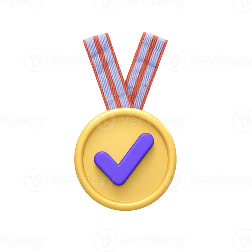 Shiny 3D gold medal with purple check mark and striped ribbon for success or validation. Elegant award for accomplishments and verified status. png
