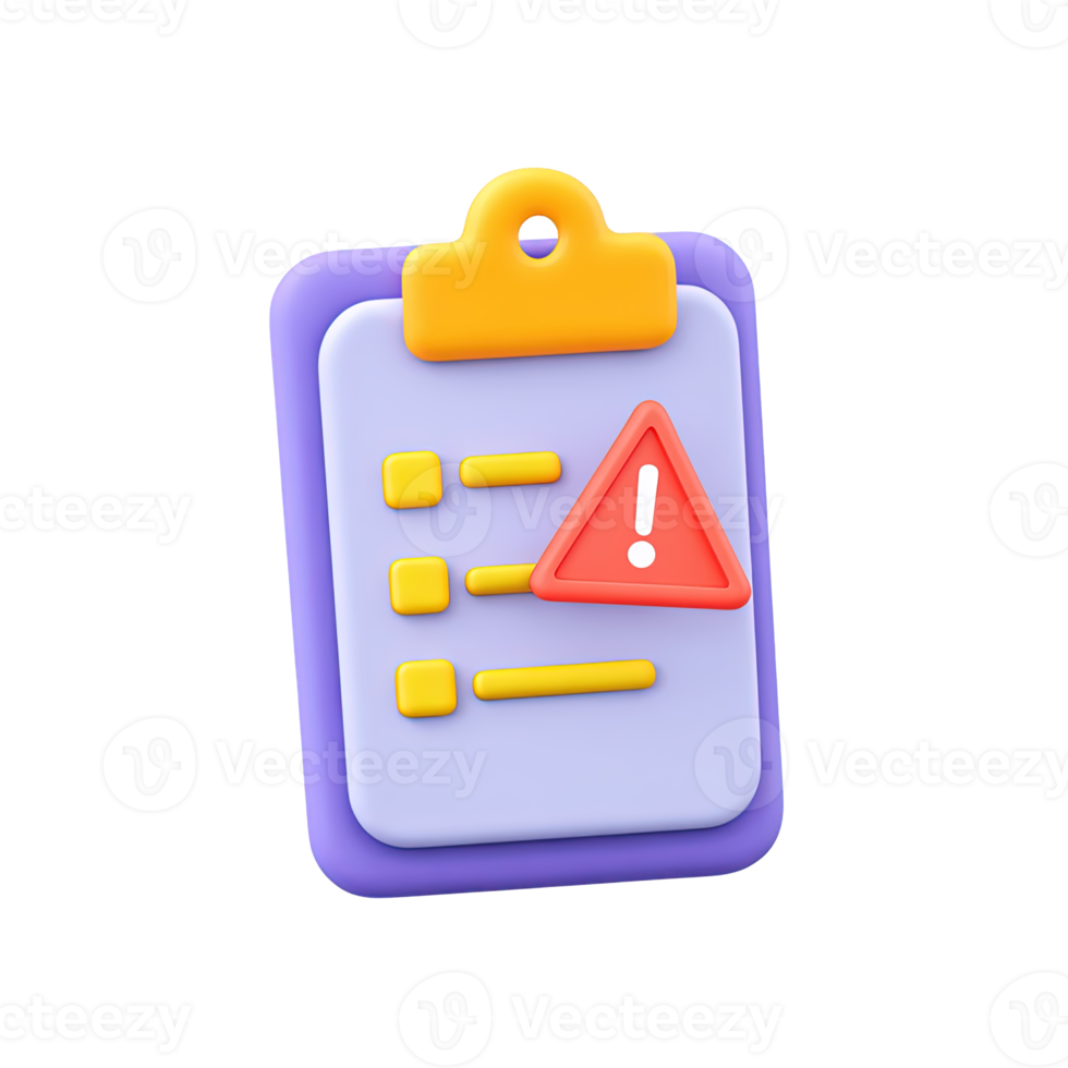 Purple 3D clipboard with checklist and orange warning triangle for important alerts or critical tasks. Draws attention to errors or safety. png