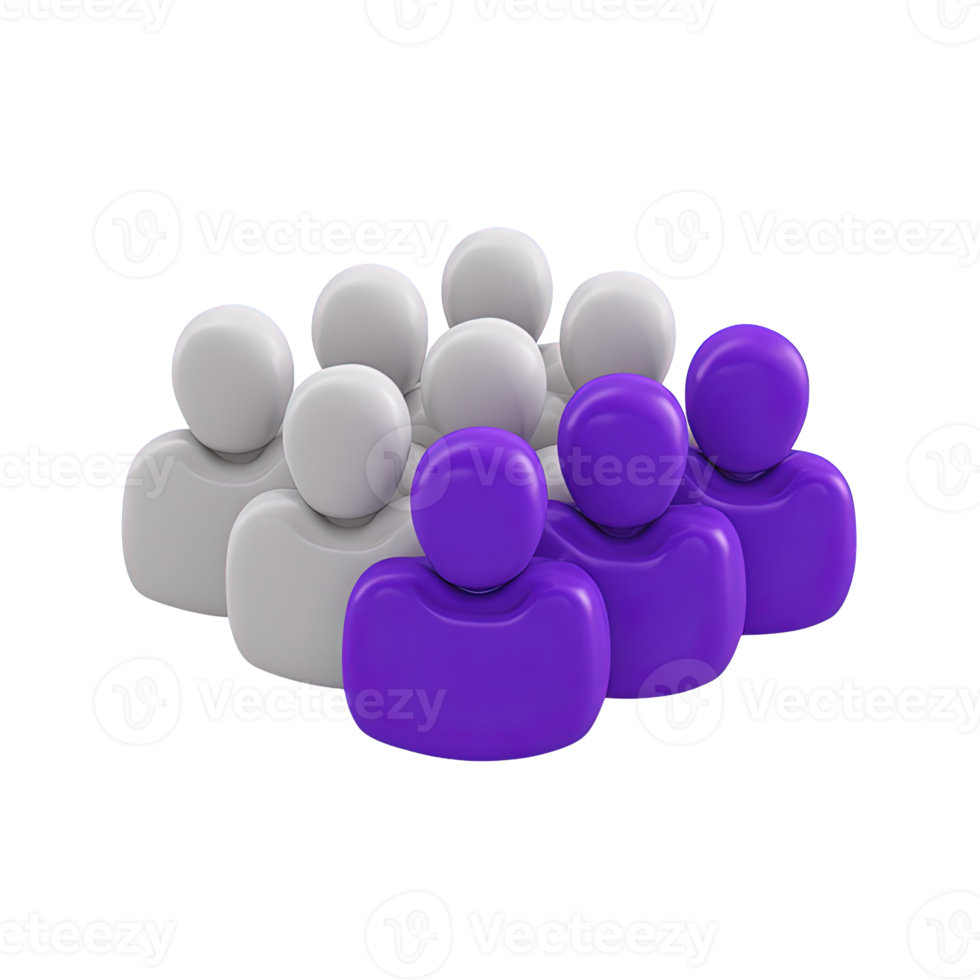 3D assembly of purple and white figures symbolizing a diverse team or user base. Conveys community collaboration and group dynamics well. png