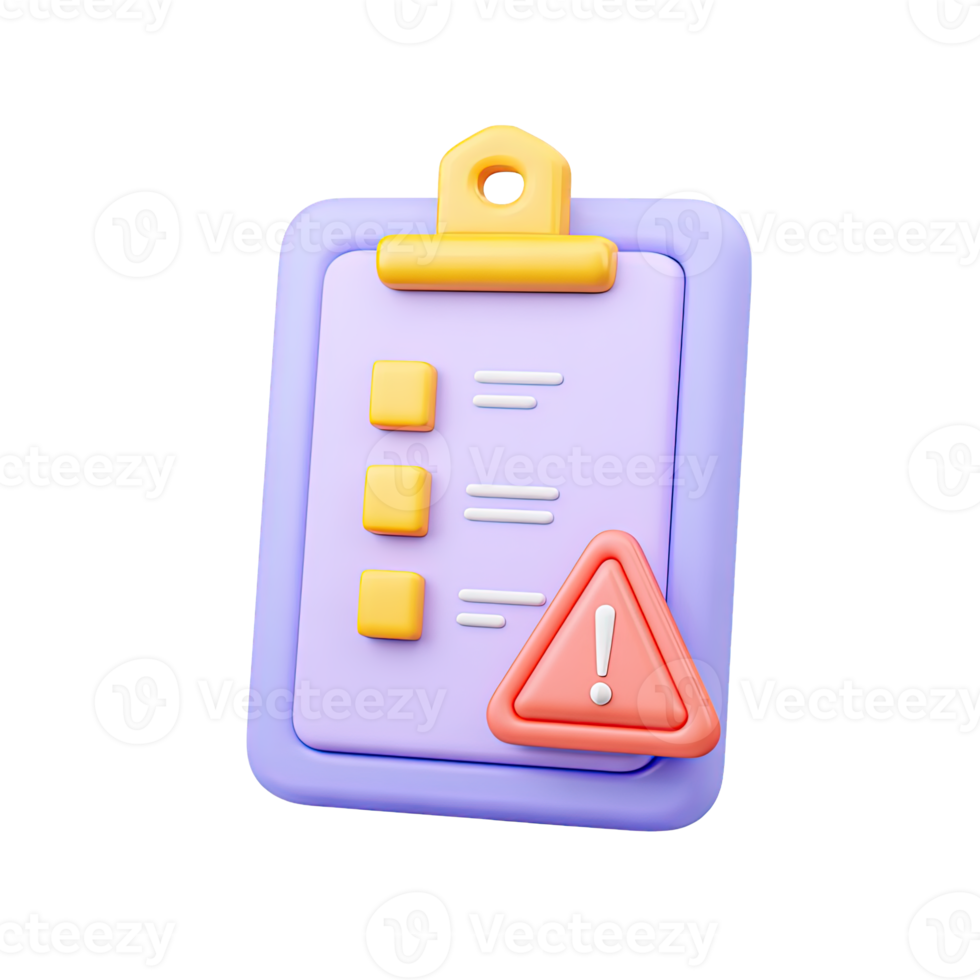 Purple 3D clipboard with task list and orange warning for potential issues or urgent items. Ideal for project management and error reports. png