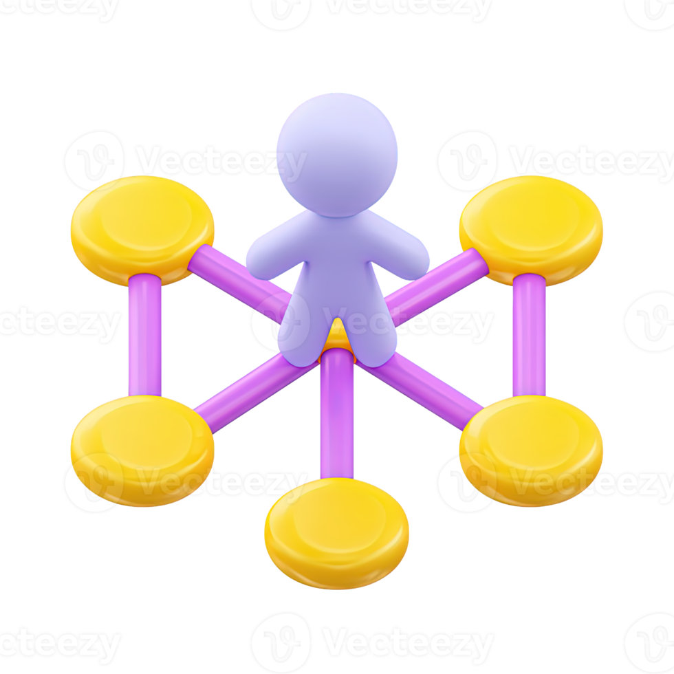 Abstract 3D icon of a central figure connected to nodes symbolizing network links and data flow. Great for visualizing systems and communication. png