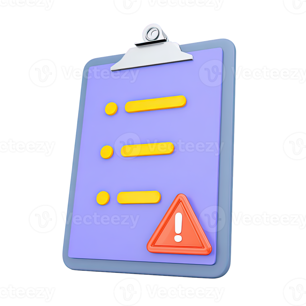 Purple 3D clipboard with checklist and red warning sign for errors critical tasks or attention. Alert icon for task management and issues. png