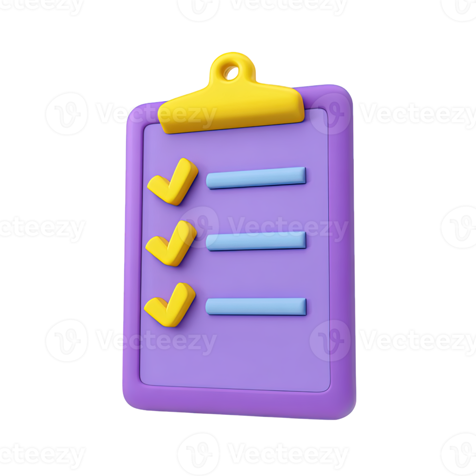 Purple 3D clipboard with completed checklist yellow checkmarks signifying successful task accomplishment. Perfect for project management and goals. png