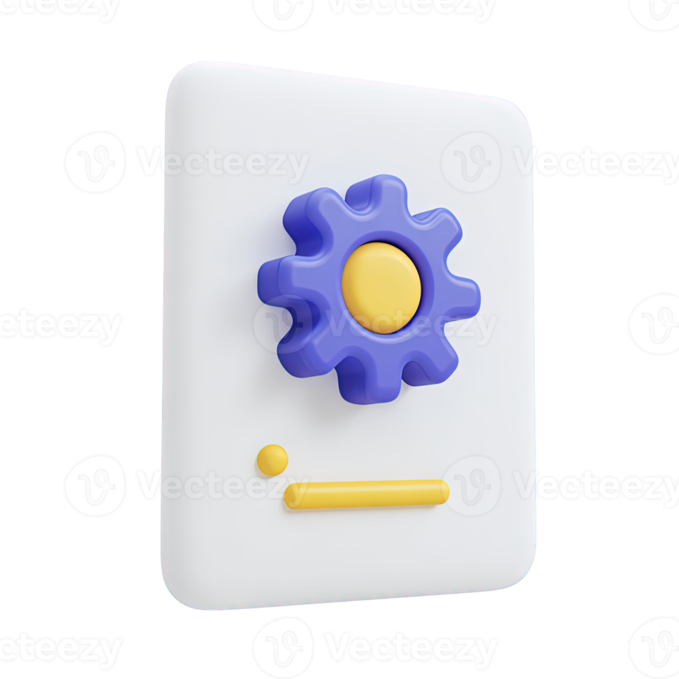 White 3D document icon with blue gear and yellow line for file settings configuration or document management. Ideal for software interface. png