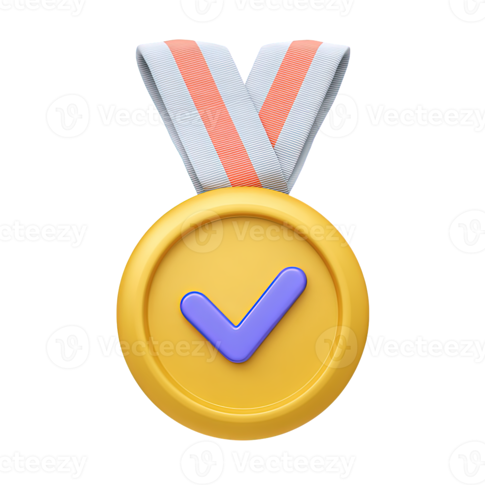 Gold 3D medal with purple checkmark and ribbon for approval achievement or certified success. Validation icon for task completion and quality. png