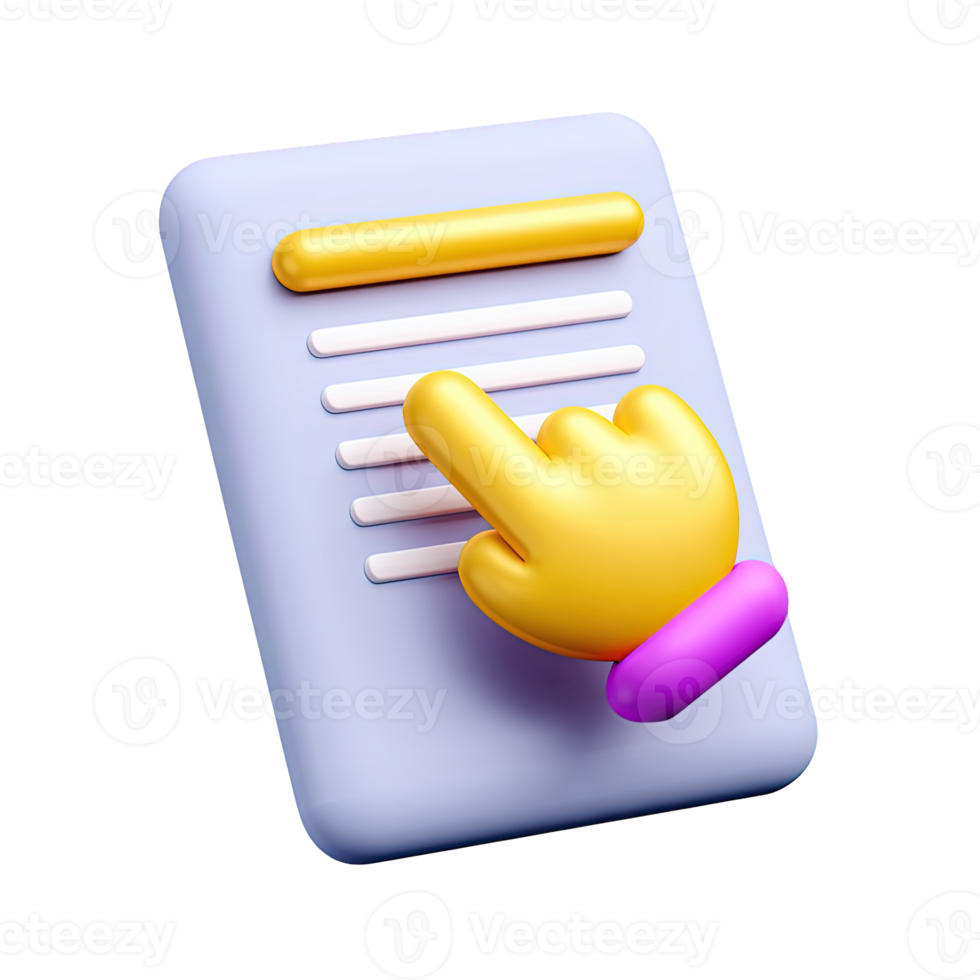 3D document or file icon with yellow hand cursor for selection opening or interaction. UI element for file access and digital content clicks. png