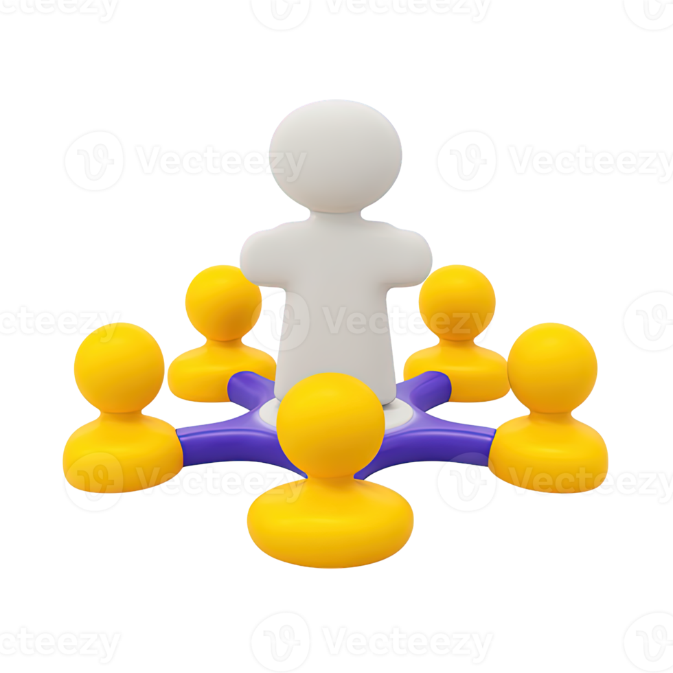 3D icon of a central figure linked to smaller ones symbolizing leadership teamwork and networks. Ideal for visualizing hierarchy and collaboration. png