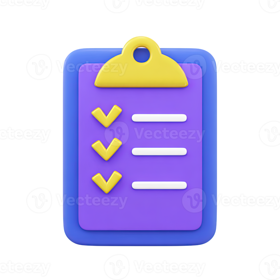 Purple 3D clipboard with task checklist marked by chevrons for progress or action sequence. Ideal for to-do lists and project management. png