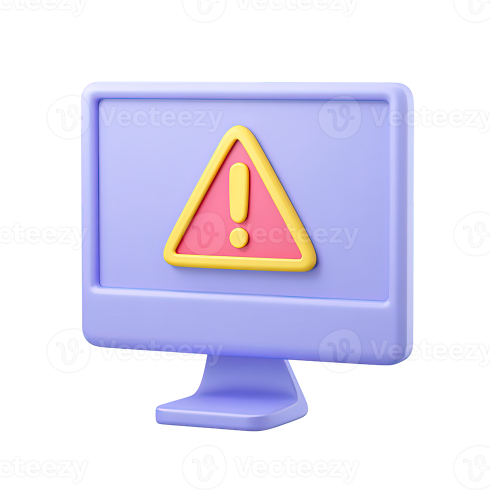 Purple 3D computer monitor with orange warning triangle for system alert error or important notification. Highlights critical software issues. png