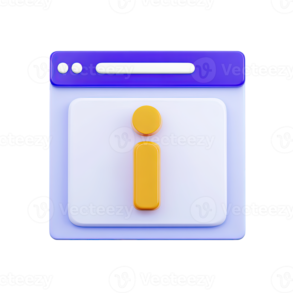 Modern 3D browser element with yellow information icon for online support help or details. Clean UI icon directing users to FAQs or info. png