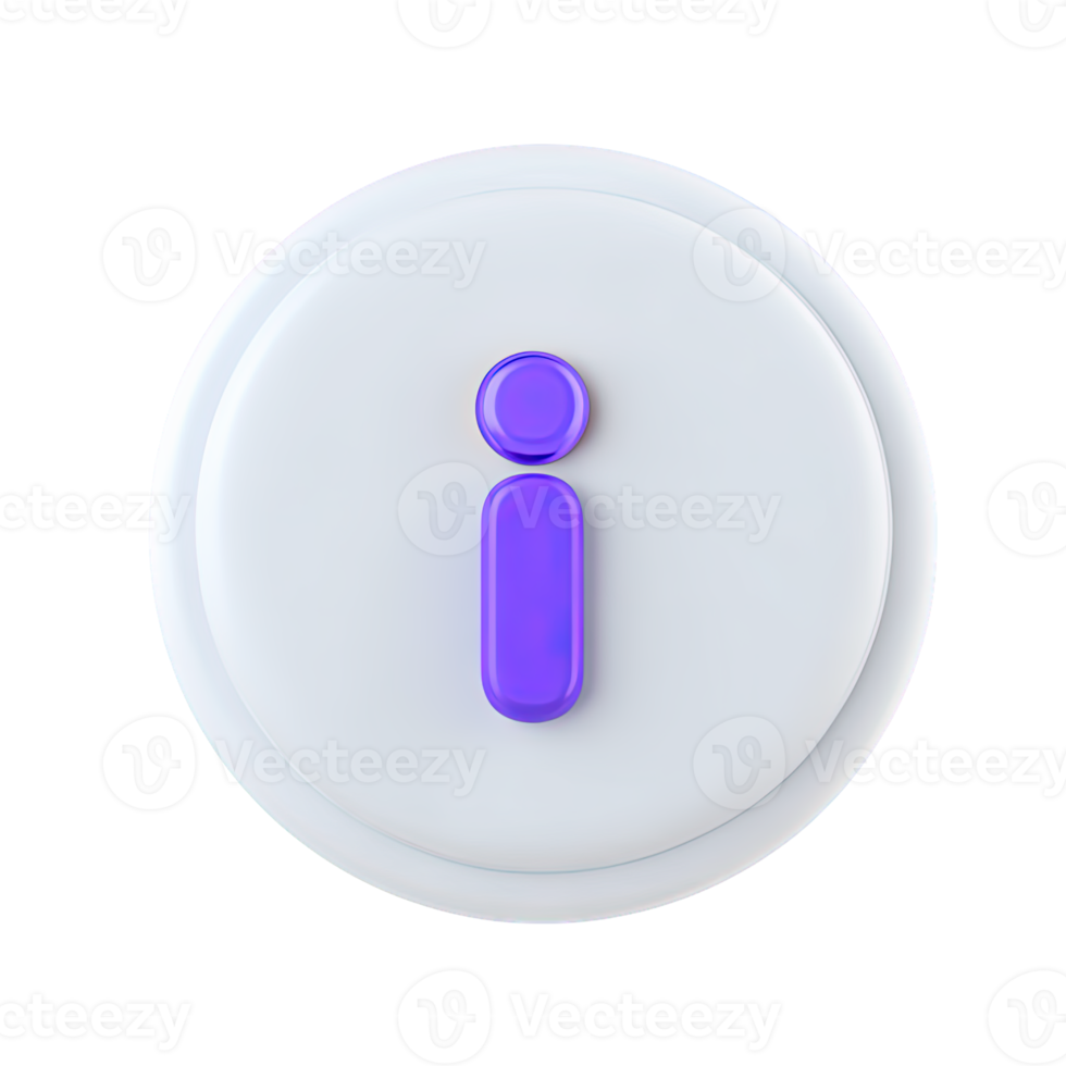 Circular 3D button with purple letter I information icon for help support or details. Effective UI element for FAQs and informational popups. png