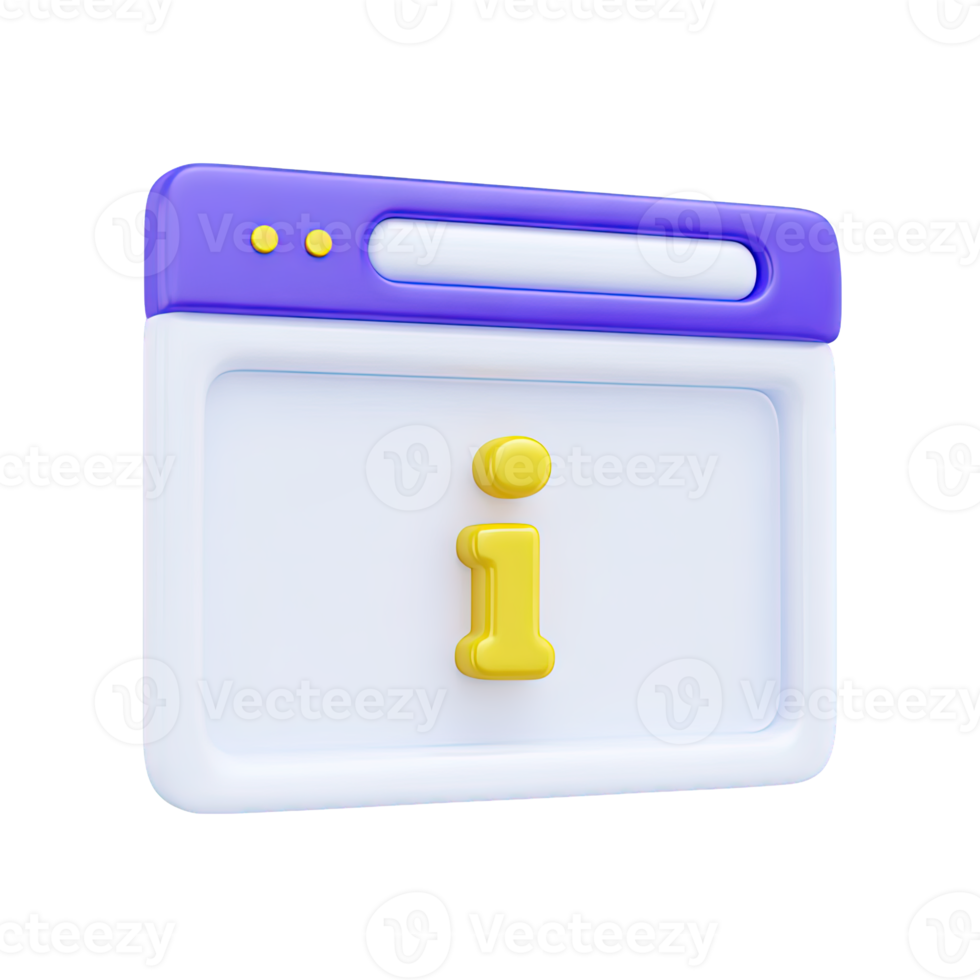 3D browser with information icon for online help support or FAQ sections. Ideal for UI guiding users to answers on digital platforms. png