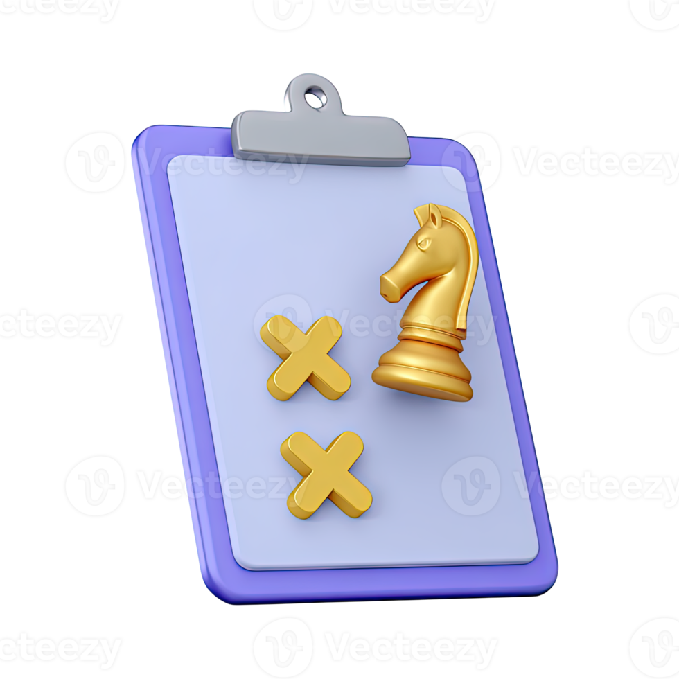 3D clipboard with tactical checklist X marks and chess knight for strategic planning and review. Great for game plans and decision analysis. png