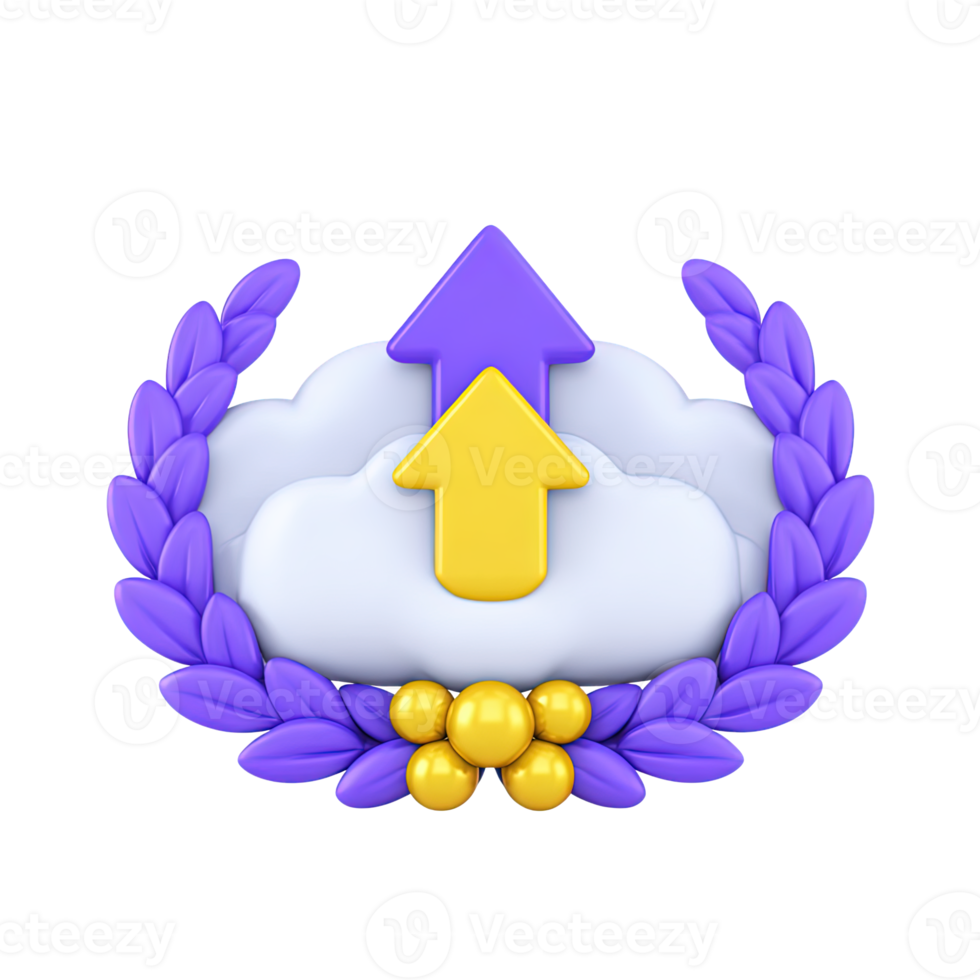 Purple 3D cloud with yellow upload arrow and laurel wreath for honored cloud achievement. Represents successful data transfer or secure backup. png