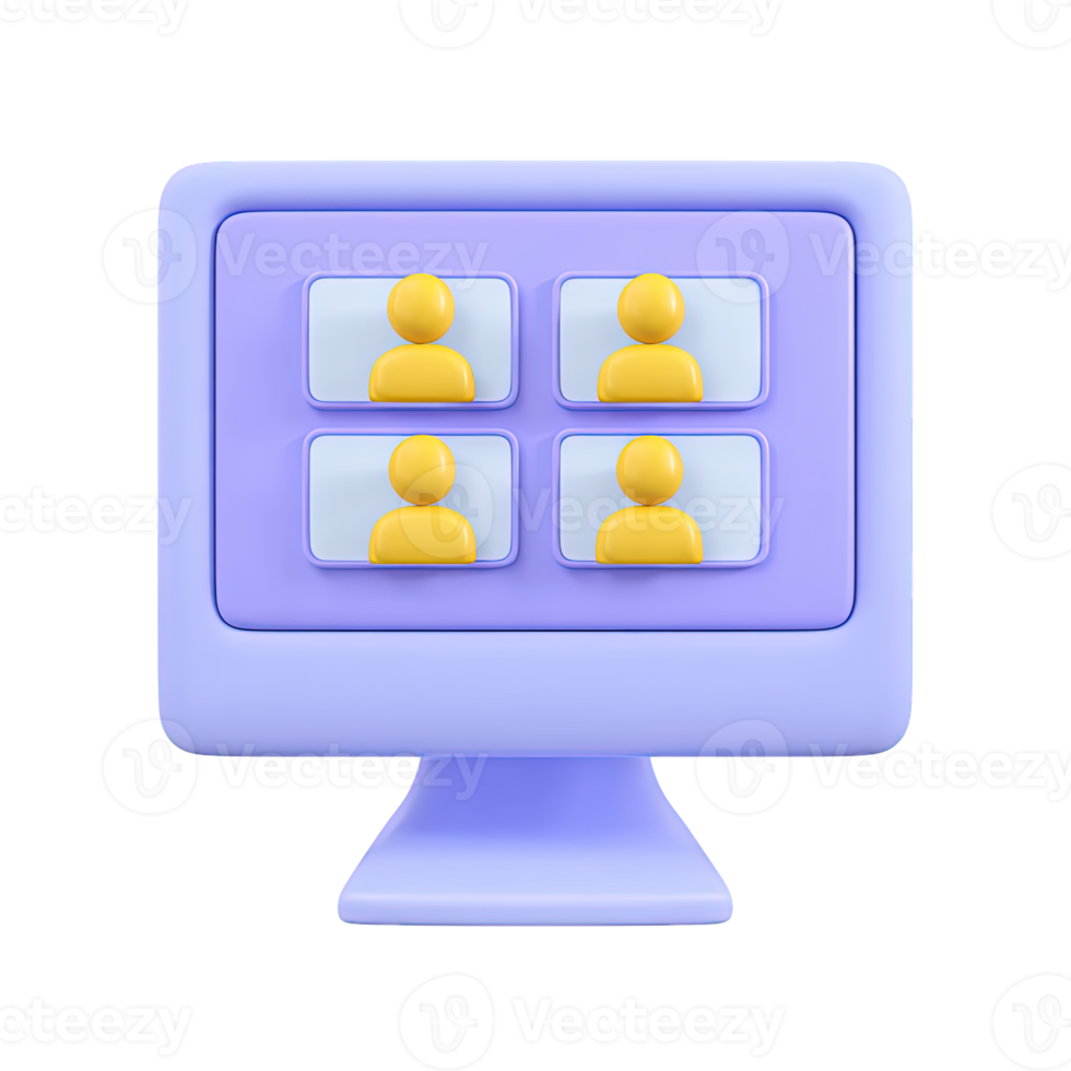 Blue 3D computer monitor with four user profile icons in a grid for online meetings or virtual team collaboration. Illustrates apps. png