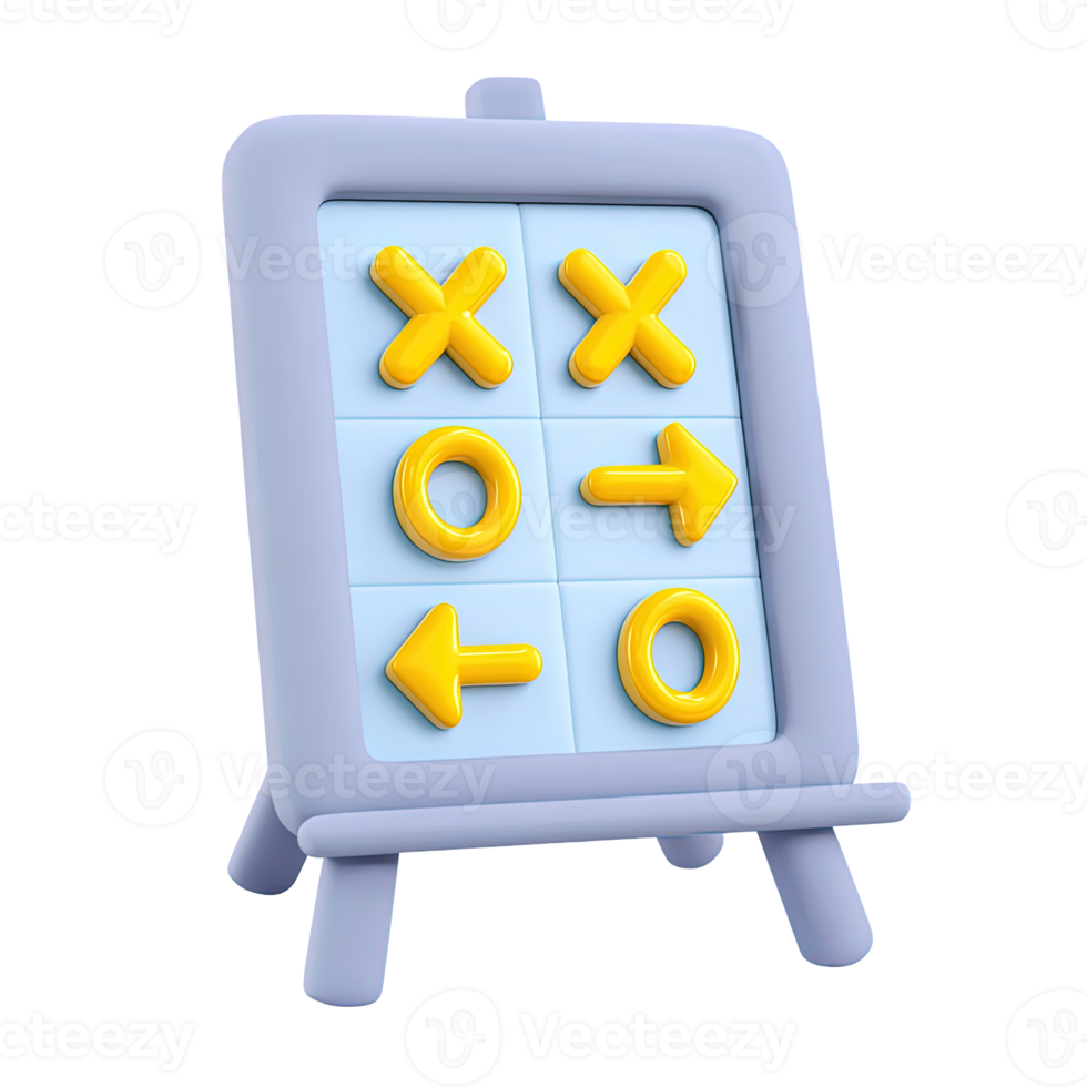 3D easel with tic-tac-toe board representing strategy planning and tactics. Ideal for game theory decision making and competitive analysis. png