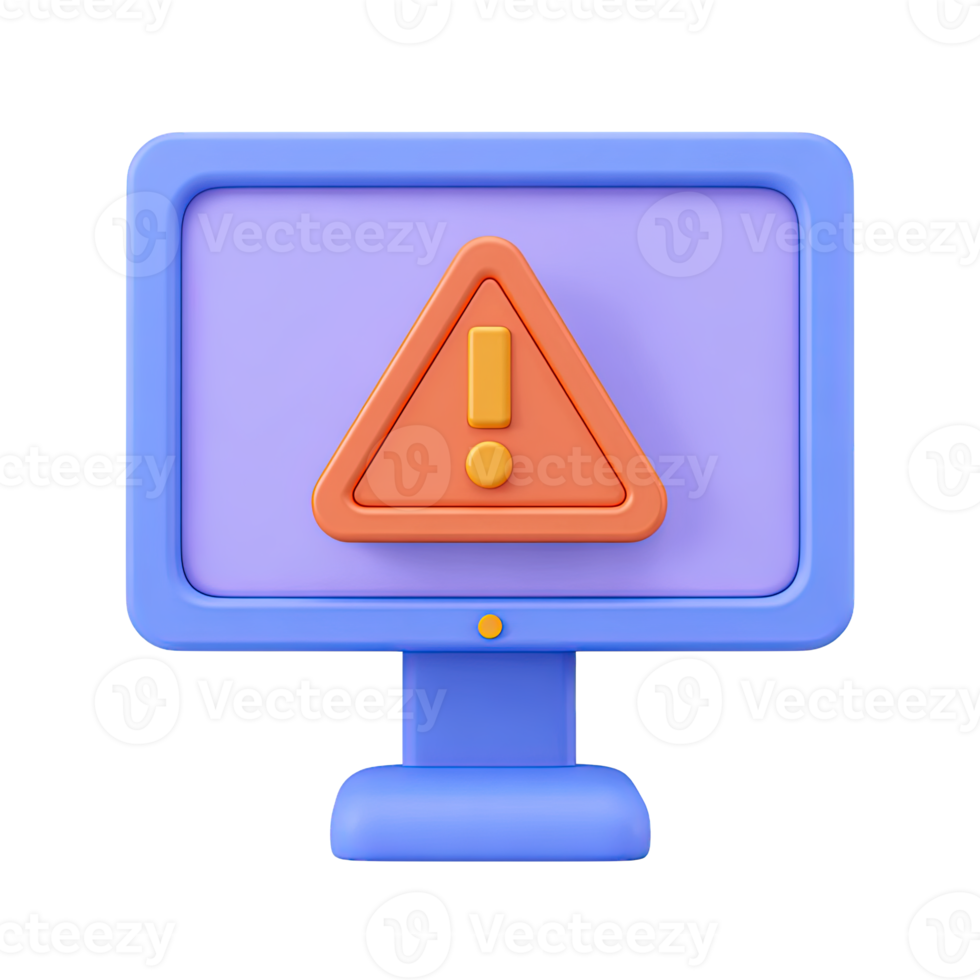 Blue 3D computer screen with orange warning symbol for system error alert or critical notification. UI icon for important system messages. png