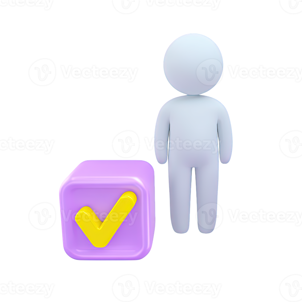 3D icon figure by large cube with yellow checkmark. Symbolizes choice, decision making, selection process, agreement, positive confirmation for many apps. png