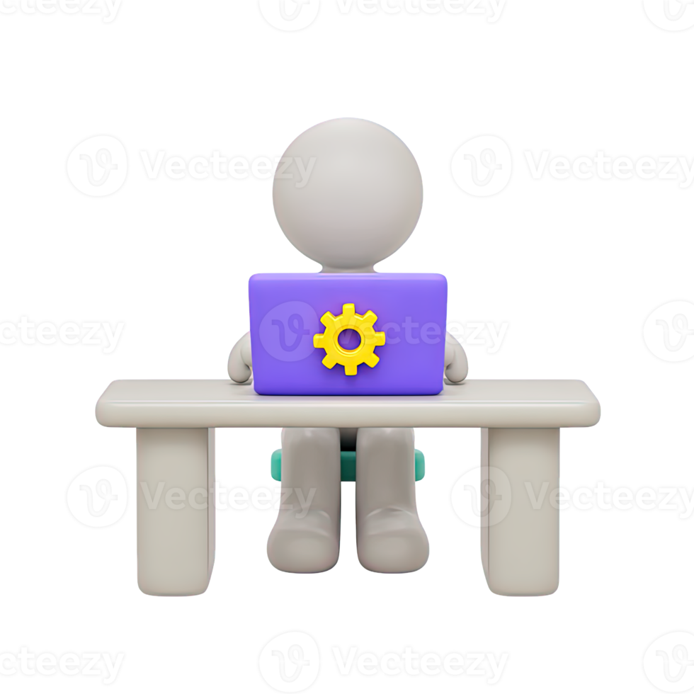 3D icon figure at desk with laptop showing gear. Represents office work, productivity, tech support, system config, business ops for modern workplaces. png