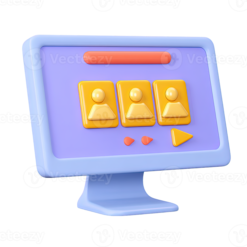 3D computer monitor with user profile icons for conference online meeting or team collaboration. Ideal for remote work and virtual media. png