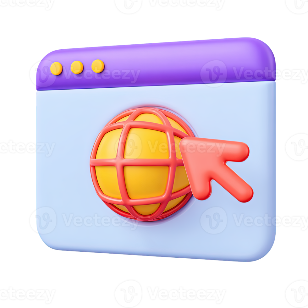 Purple 3D browser with red globe and cursor for international web access and online navigation. Suited for global connectivity and websites. png
