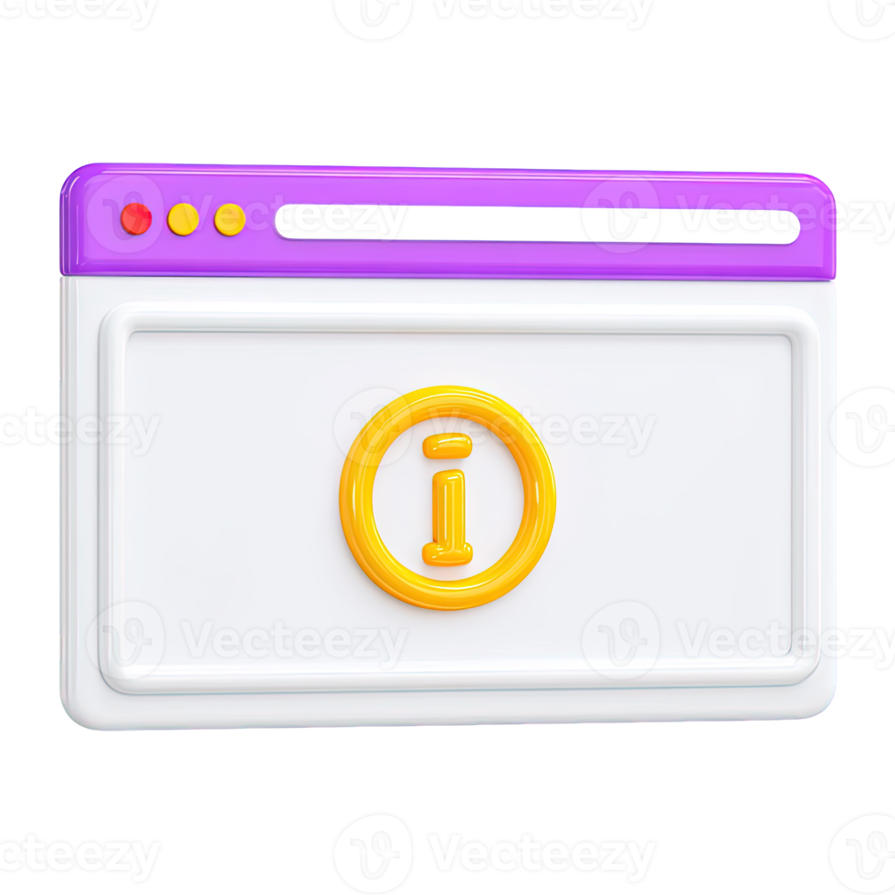 Web browser 3D icon with yellow information symbol for online help or FAQs. Perfect for website navigation and user support sections. png