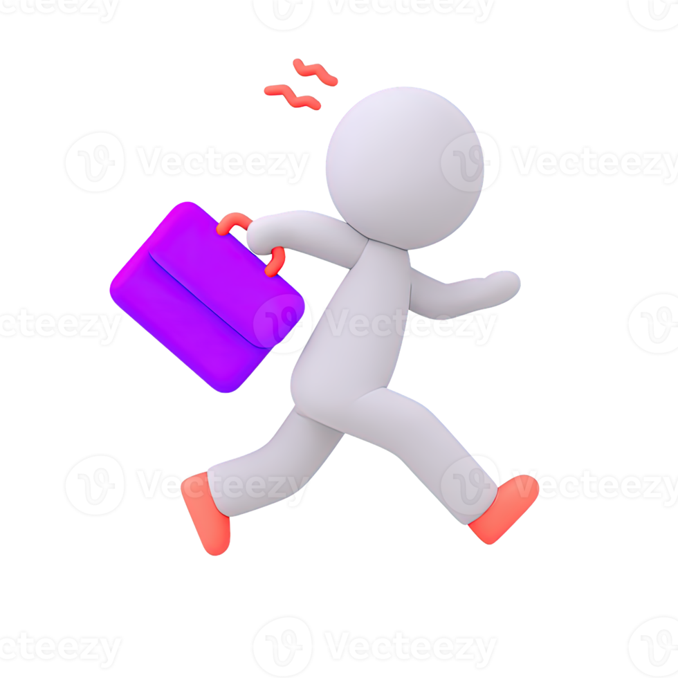 3D icon stressed figure runs with briefcase. Symbolizes deadline pressure, corporate rush, anxiety, hectic professional life, keeping up with demands. png