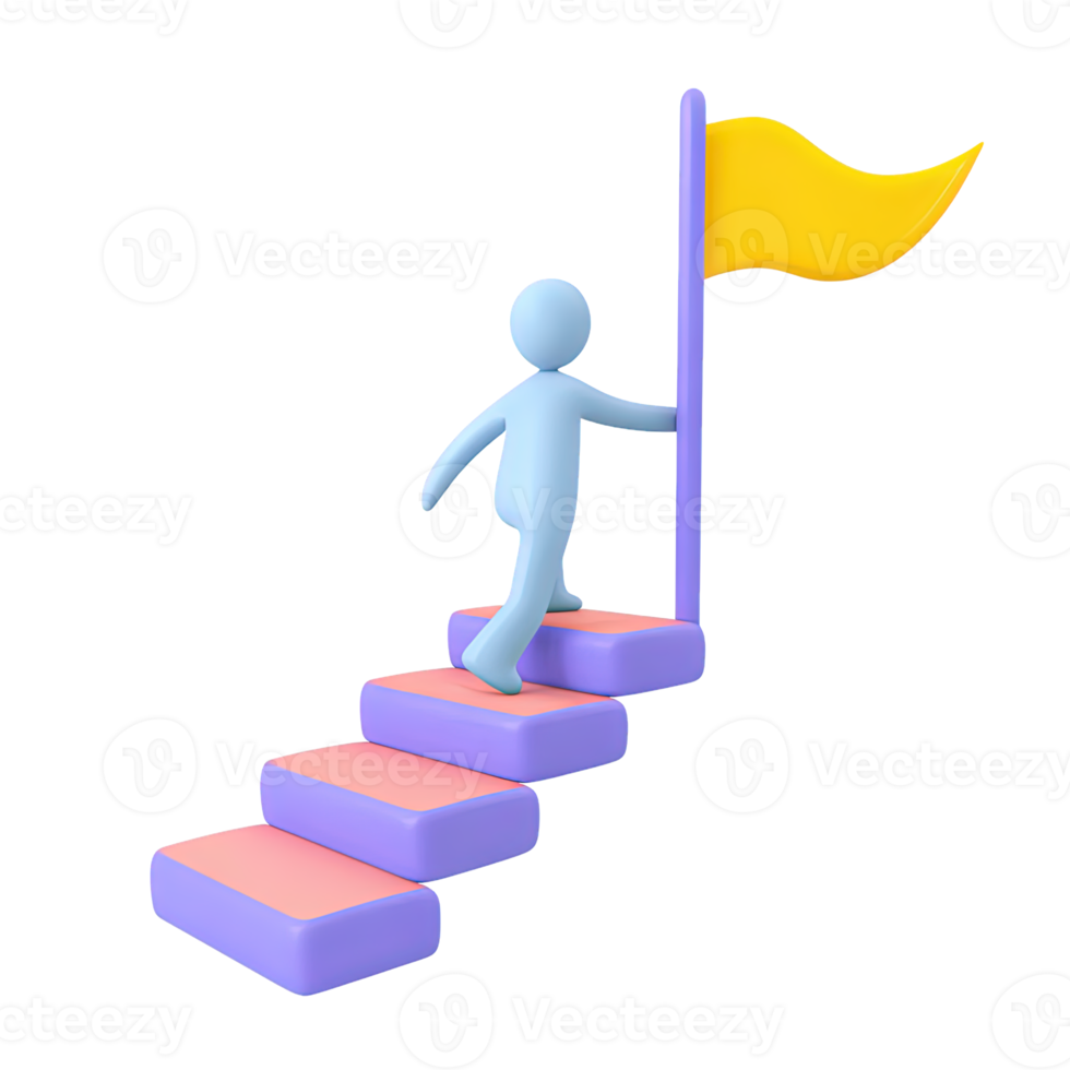 Stylized 3D icon person climbs unique block stairs to flag. Symbolizes overcoming obstacles, achieving targets, steady advancement. Great for growth themes. png